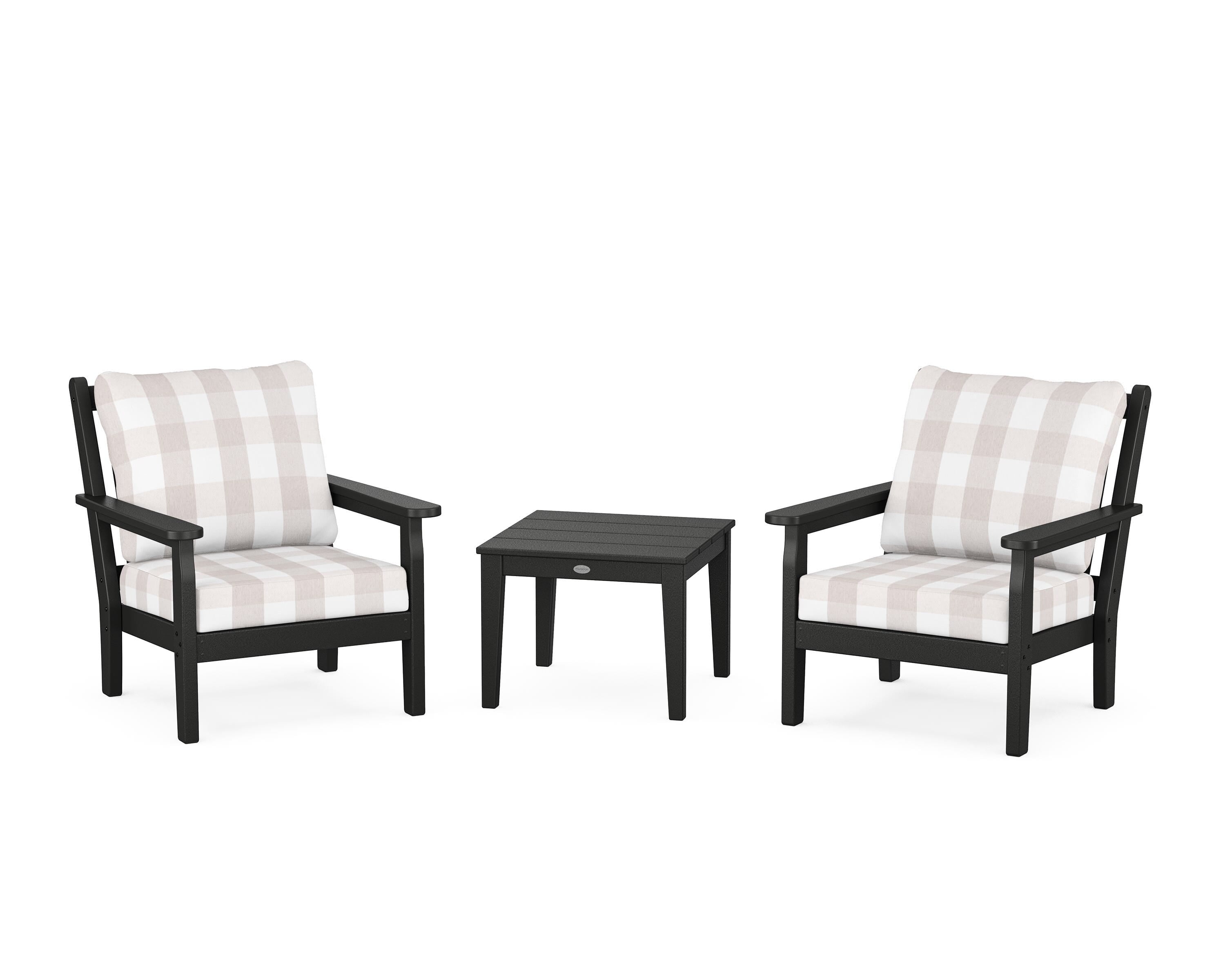 POLYWOOD® Chippendale 3-Piece Deep Seating Set in Black / Buffalo Plaid Dune Burlap