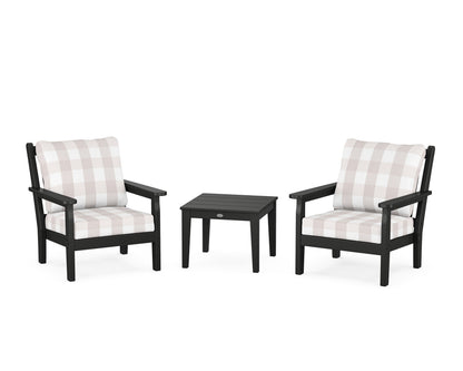 POLYWOOD® Chippendale 3-Piece Deep Seating Set in Black / Buffalo Plaid Dune Burlap