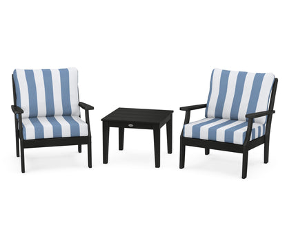 POLYWOOD® Braxton 3-Piece Deep Seating Set in Black / Cabana Stripe Sky Blue
