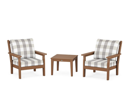 POLYWOOD® Chippendale 3-Piece Deep Seating Set in Teak / Buffalo Plaid Grey Mist