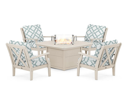 POLYWOOD® Braxton 5-Piece Deep Seating Conversation Set with Fire Pit Table in Sand / Trellis Glacier Spa