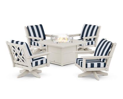 POLYWOOD® Chippendale 5-Piece Deep Seating Swivel Conversation Set with Fire Pit Table in Sand / Cabana Stripe Marine Indigo