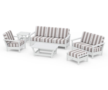 POLYWOOD® Harbour 6-Piece Outdoor Living Set in White / Cabana Stripe Grey Mist
