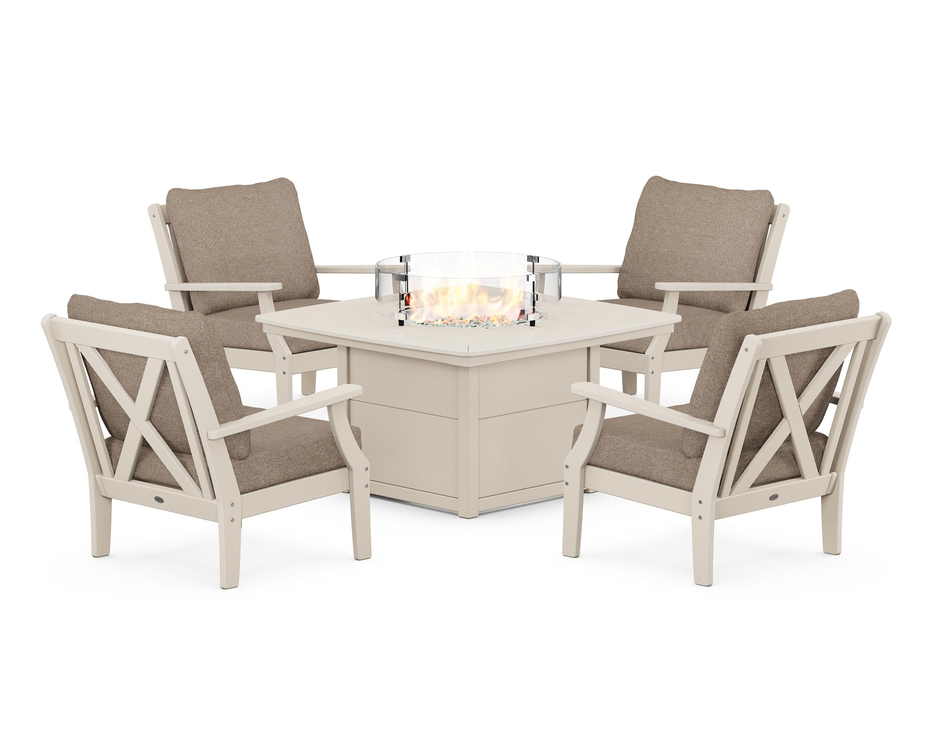 POLYWOOD® Braxton 5-Piece Deep Seating Conversation Set with Fire Pit Table in Sand / Spiced Burlap