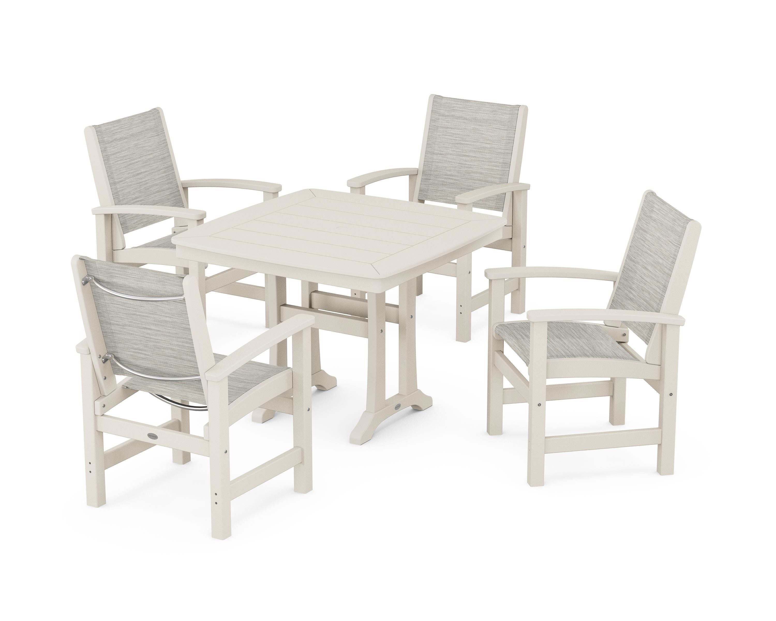 POLYWOOD® Coastal 5-Piece Dining Set with Trestle Legs in Sand / Birch Sling