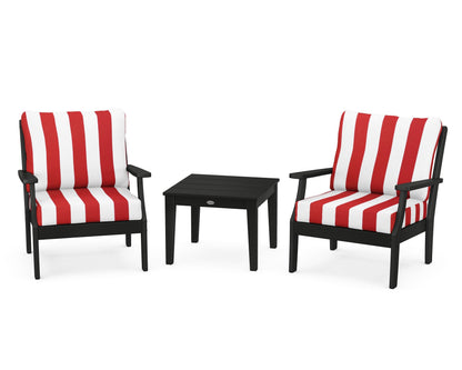 POLYWOOD® Braxton 3-Piece Deep Seating Set in Black / Cabana Stripe Crimson