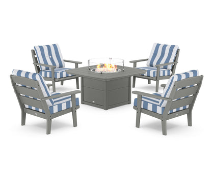 POLYWOOD® Lakeside 5-Piece Deep Seating Set with Nautical Fire Pit Table in Slate Grey / Cabana Stripe Sky Blue