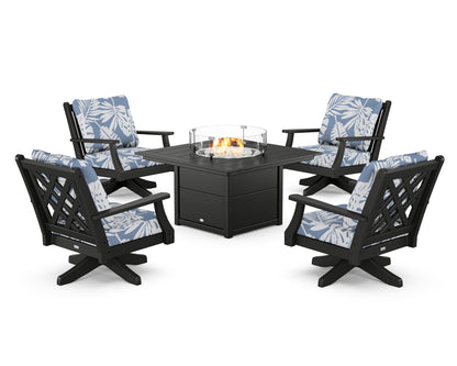 Country Living Wovendale 5-Piece Deep Seating Swivel Conversation Set with Fire Pit Table in Black / Leaf Sky Blue