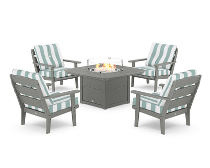 POLYWOOD® Lakeside 5-Piece Deep Seating Set with Nautical Fire Pit Table in Slate Grey / Cabana Stripe Glacier Spa