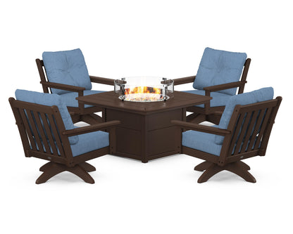 POLYWOOD® Vineyard 5-Piece Deep Seating Swivel Conversation Set with Fire Pit Table in Mahogany / Sky Blue