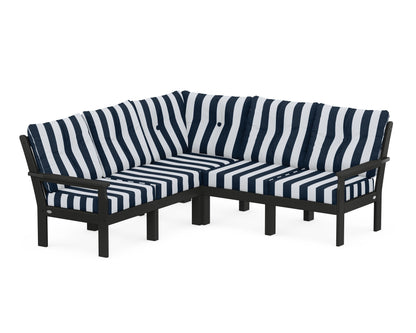 POLYWOOD® Vineyard 5-Piece Sectional in Black / Cabana Stripe Marine Indigo