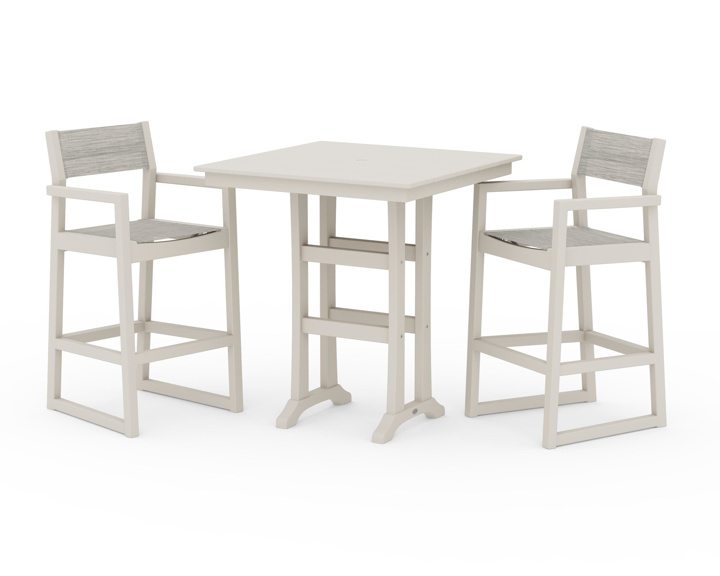 POLYWOOD® EDGE Sling Arm Chair 3-Piece Farmhouse Bar Set with Trestle Legs in Sand / Birch Sling