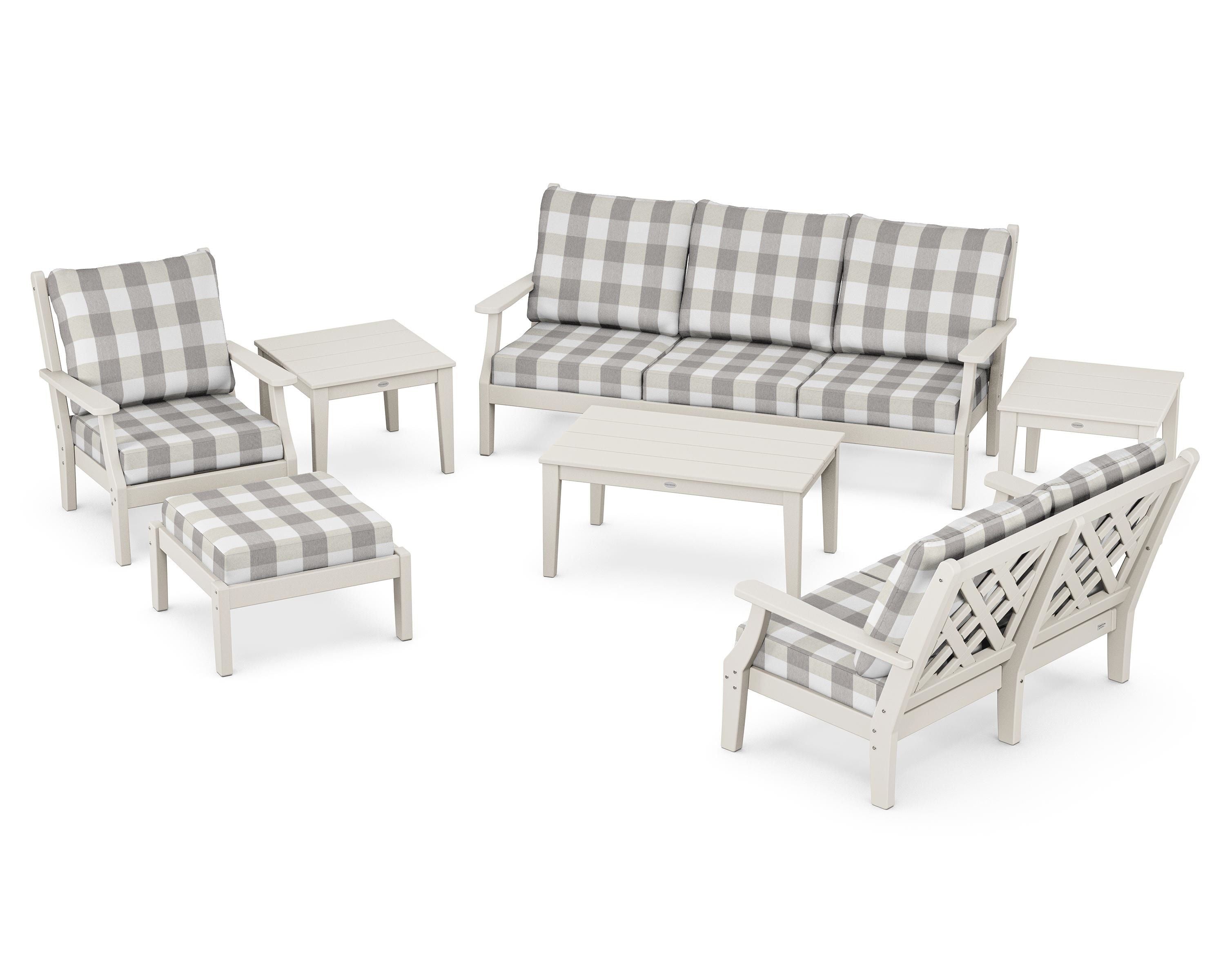 Country Living Wovendale 7-Piece Deep Seating Set in Sand / Buffalo Plaid Grey Mist