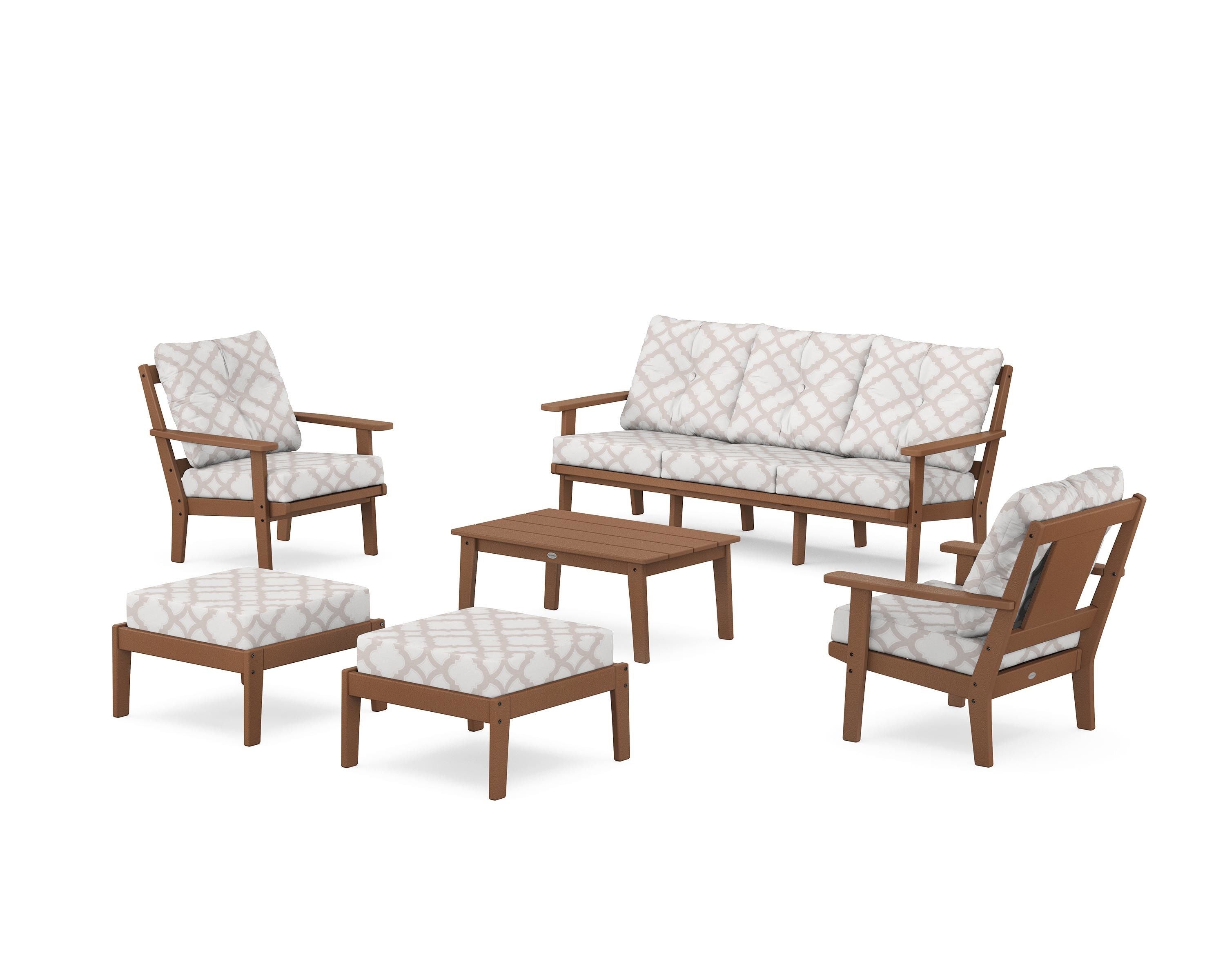 POLYWOOD® Prairie 6-Piece Lounge Sofa Set in Teak / Trellis Dune Burlap