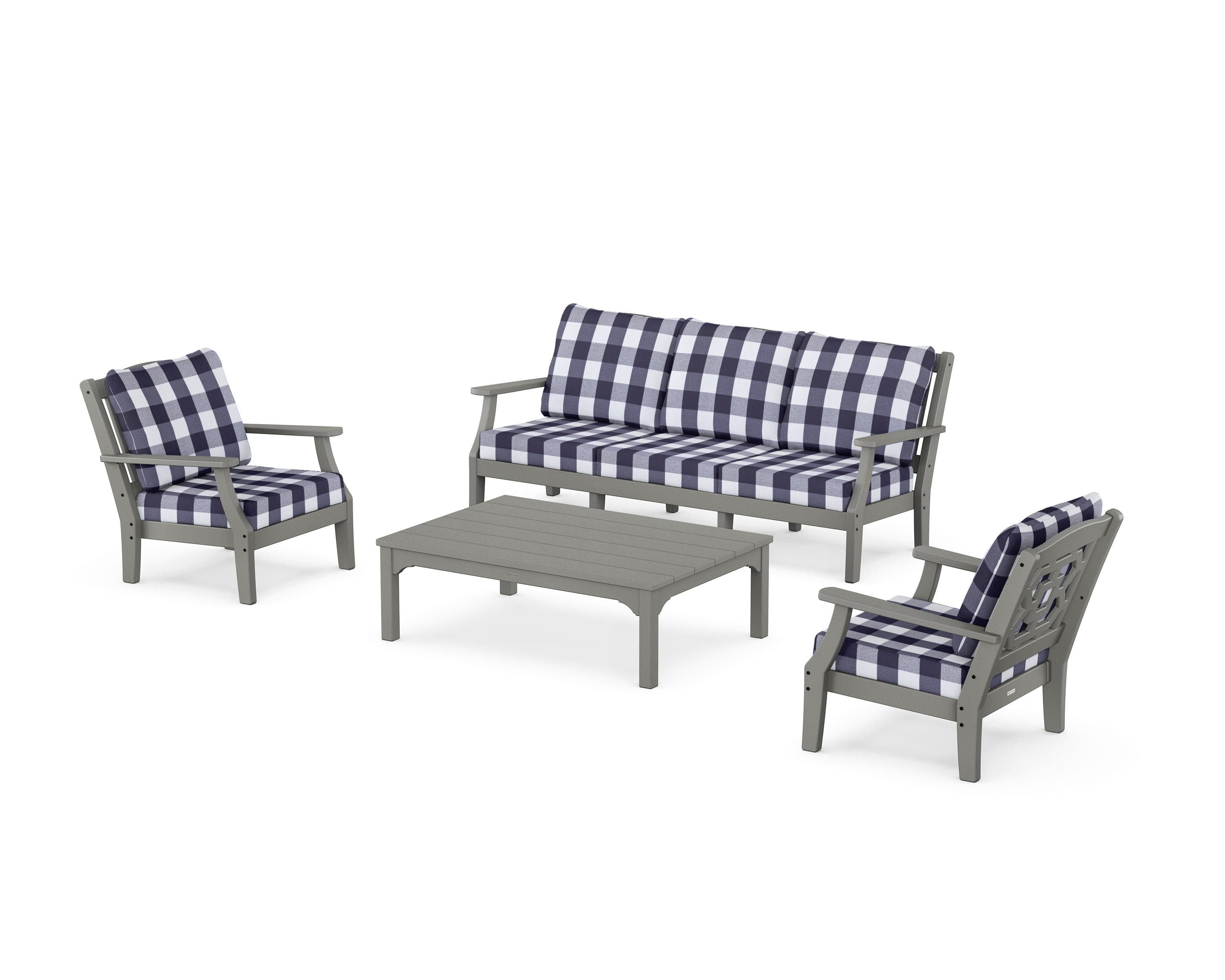 Martha Stewart by POLYWOOD® Chinoiserie 4-Piece Deep Seating Set with Sofa in Slate Grey / Buffalo Plaid Navy