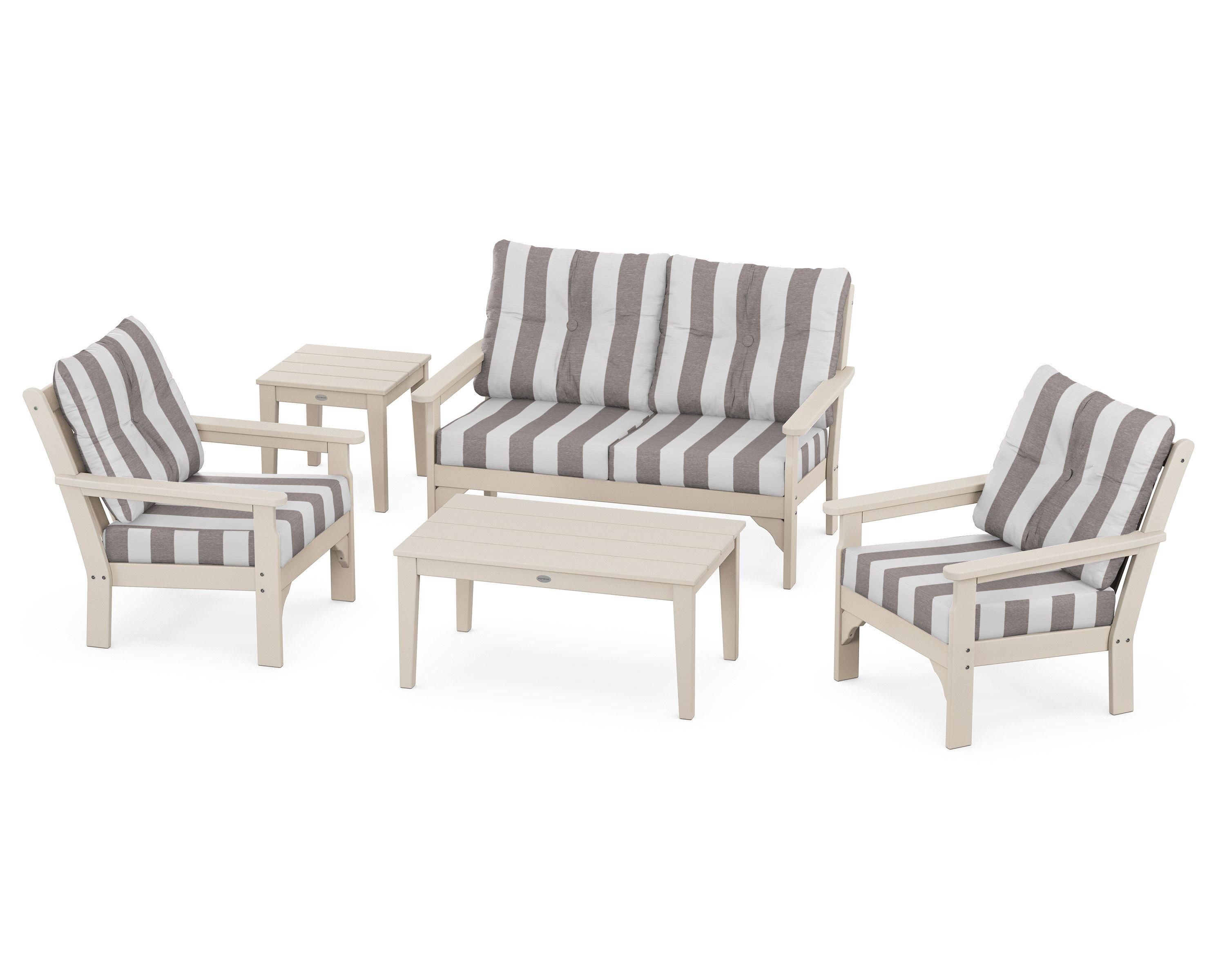 POLYWOOD® Vineyard 5-Piece Deep Seating Set in Sand / Cabana Stripe Grey Mist