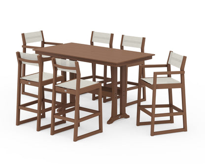 POLYWOOD® EDGE Sling 7-Piece Farmhouse Bar Set with Trestle Legs in Teak / Parchment Sling