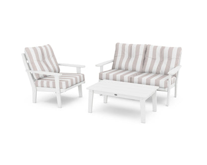 POLYWOOD® Lakeside 3-Piece Deep Seating Set in White / Cabana Stripe Dune Burlap