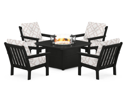 POLYWOOD® Vineyard 5-Piece Conversation Set with Fire Pit Table in Black / Trellis Dune Burlap