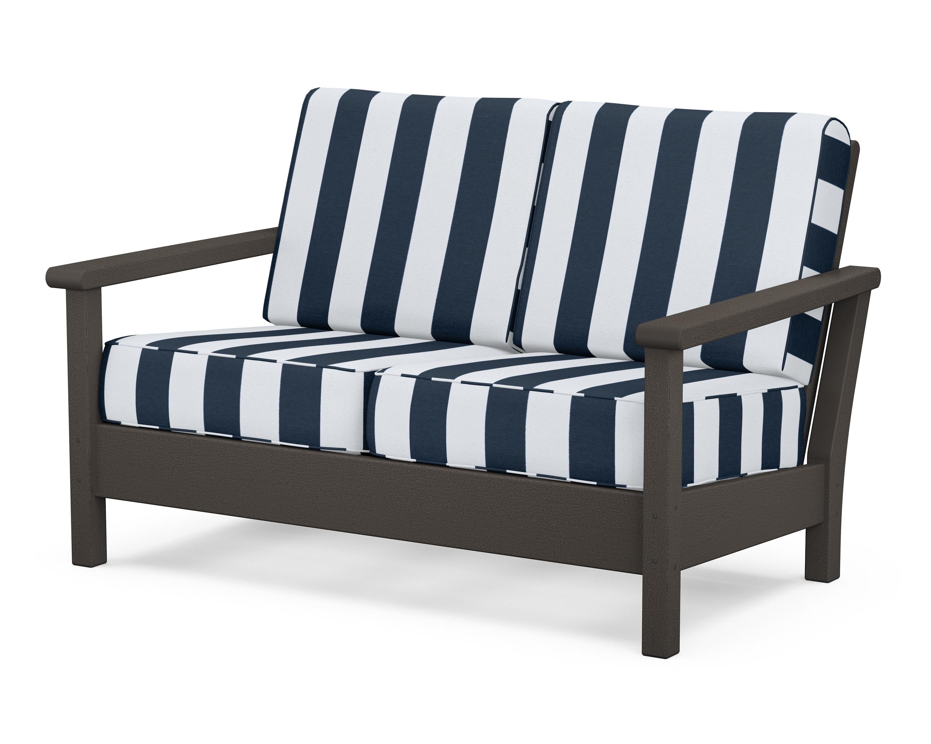 POLYWOOD® Harbour Deep Seating Loveseat in Vintage Coffee / Cabana Stripe Marine Indigo