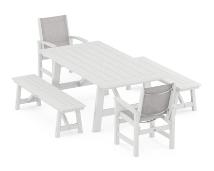 POLYWOOD® Coastal 5-Piece Rustic Farmhouse Dining Set With Benches in White / Parchment Sling