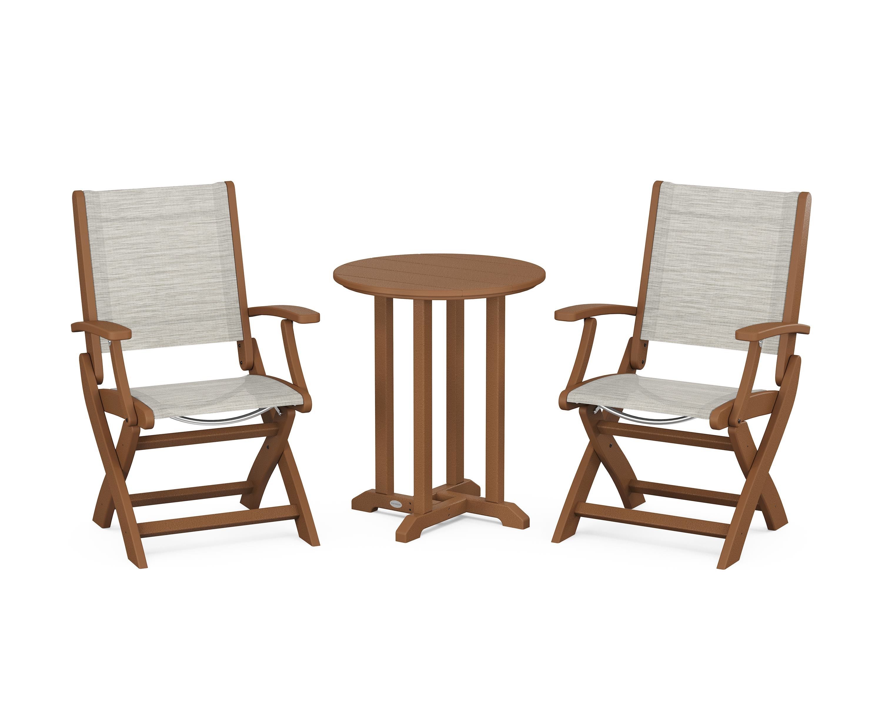 POLYWOOD® Coastal Folding 3-Piece Round Bistro Dining Set in Teak / Birch Sling