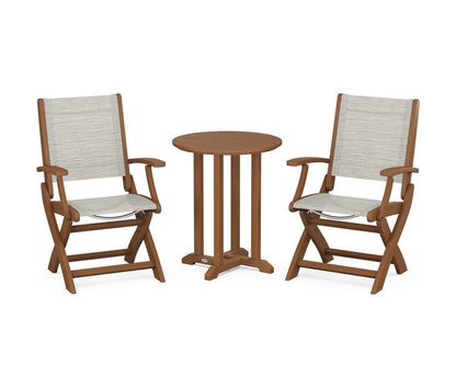 POLYWOOD® Coastal Folding 3-Piece Round Bistro Dining Set in Teak / Birch Sling
