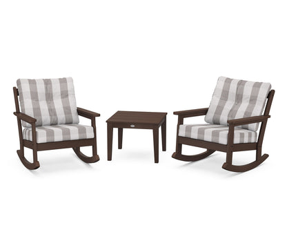 POLYWOOD® Vineyard 3-Piece Deep Seating Rocker Set in Mahogany / Buffalo Plaid Grey Mist
