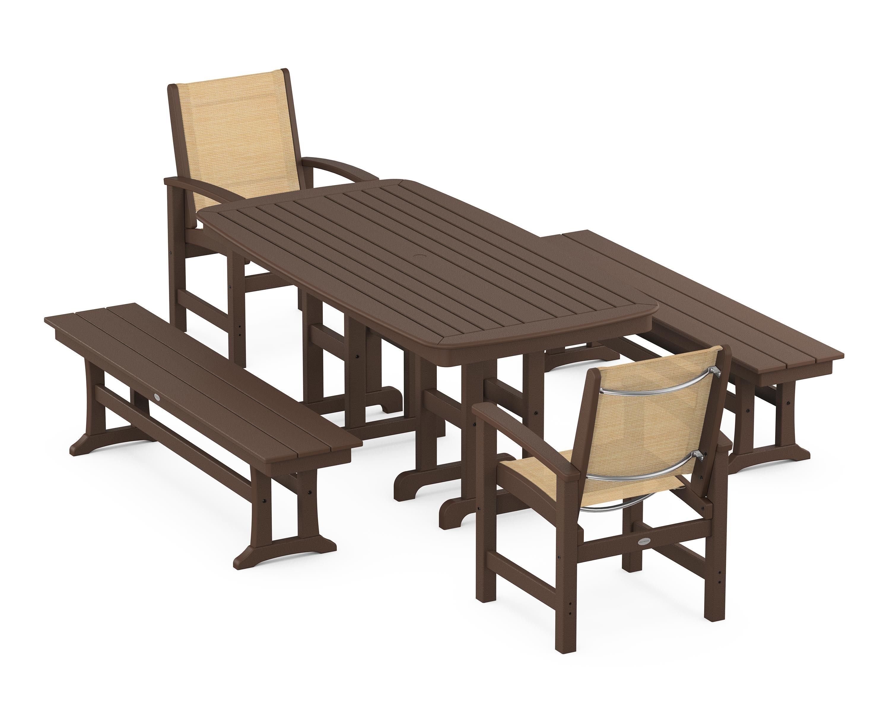 POLYWOOD® Coastal 5-Piece Dining Set in Mahogany / Dupioni Apricot Sling