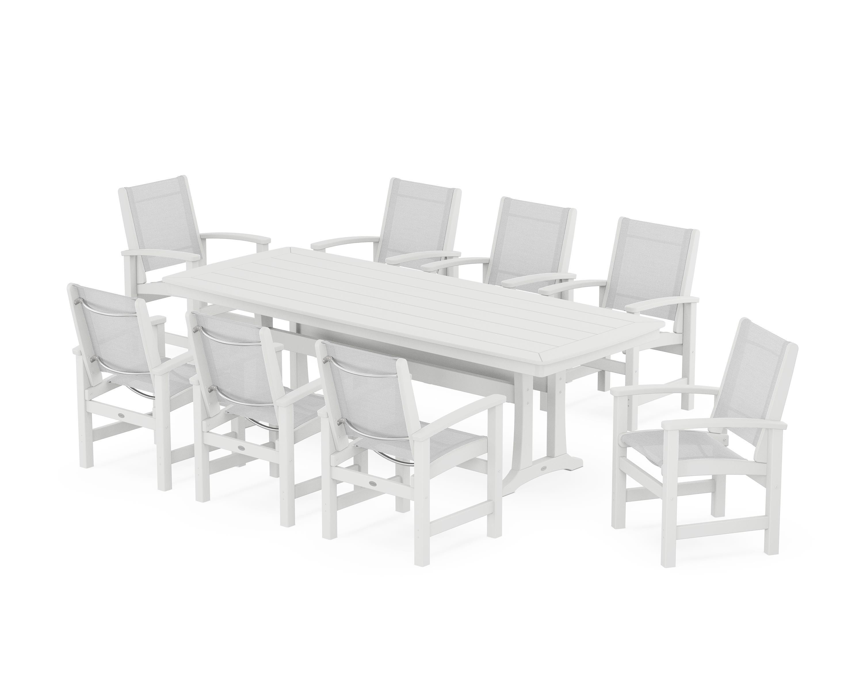 POLYWOOD® Coastal 9-Piece Dining Set with Trestle Legs in White / White Sling