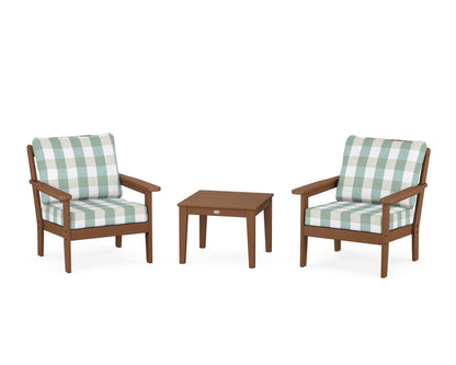 Country Living Cottage 3-Piece Deep Seating Set in Teak / Buffalo Plaid Glacier Spa
