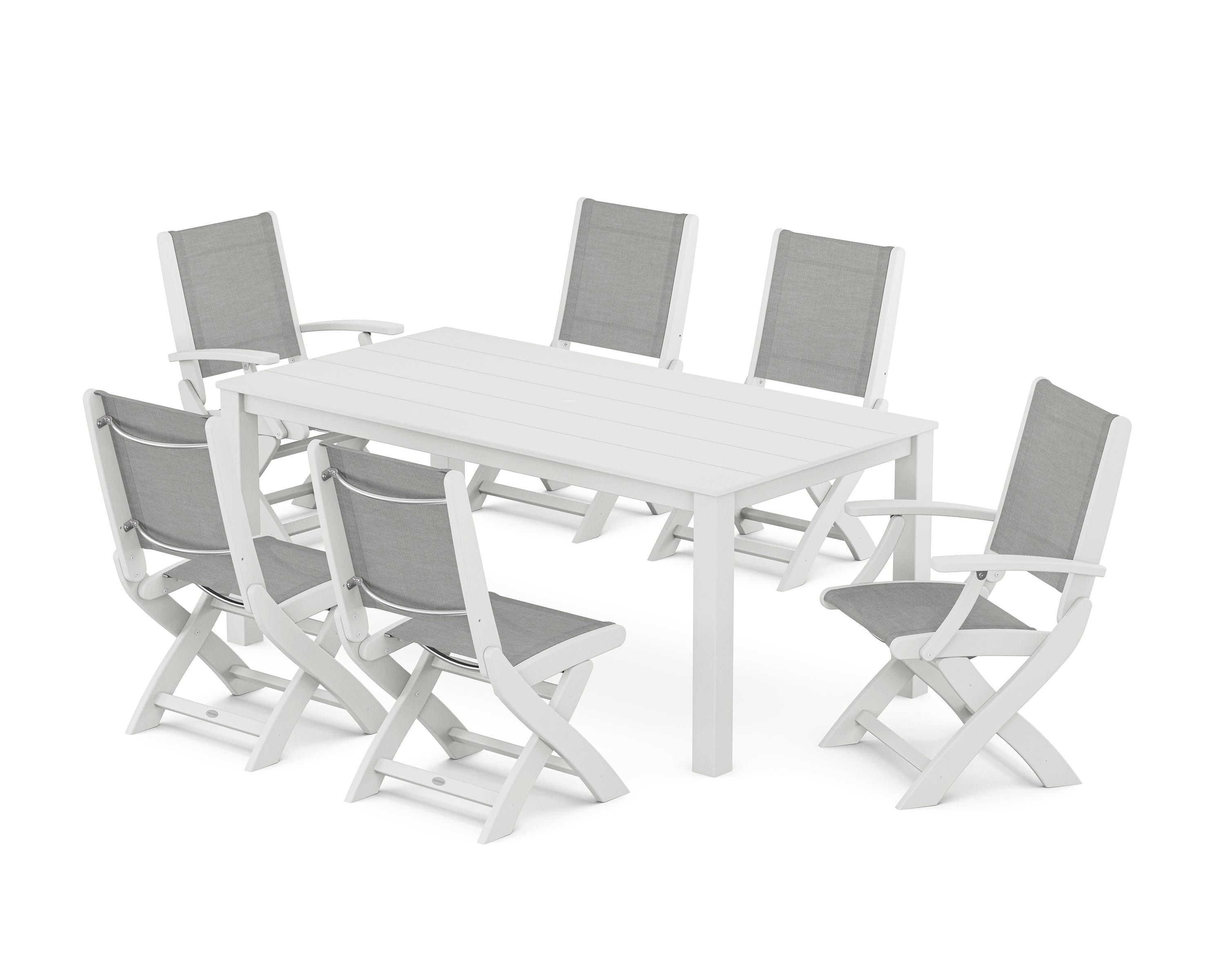 POLYWOOD® Coastal Folding Chair 7-Piece Parsons Dining Set in White / Metallic Sling