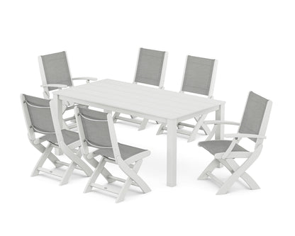 POLYWOOD® Coastal Folding Chair 7-Piece Parsons Dining Set in White / Metallic Sling