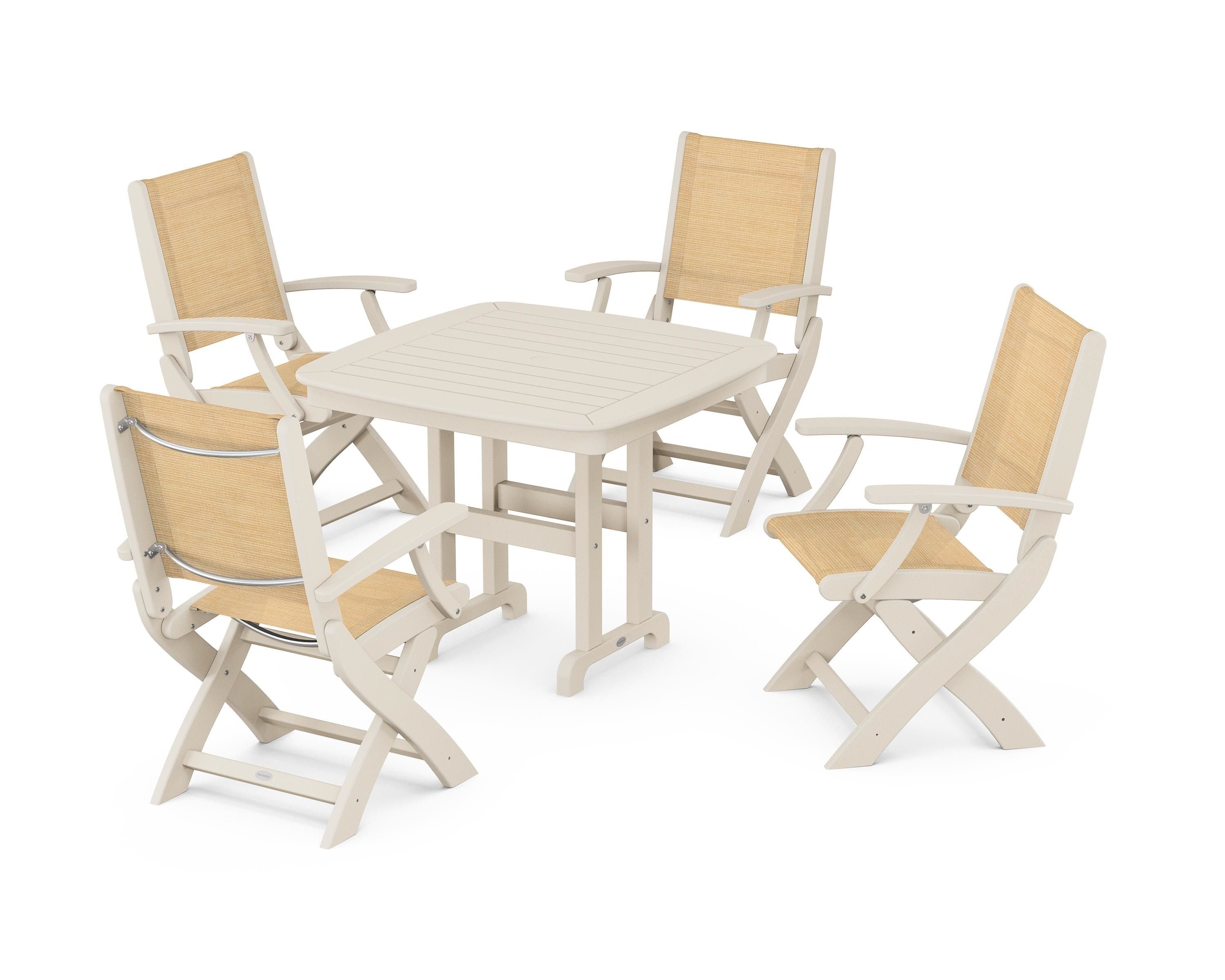 POLYWOOD® Coastal Folding Chair 5-Piece Dining Set in Sand / Dupioni Apricot Sling