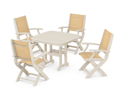 POLYWOOD® Coastal Folding Chair 5-Piece Dining Set in Sand / Dupioni Apricot Sling