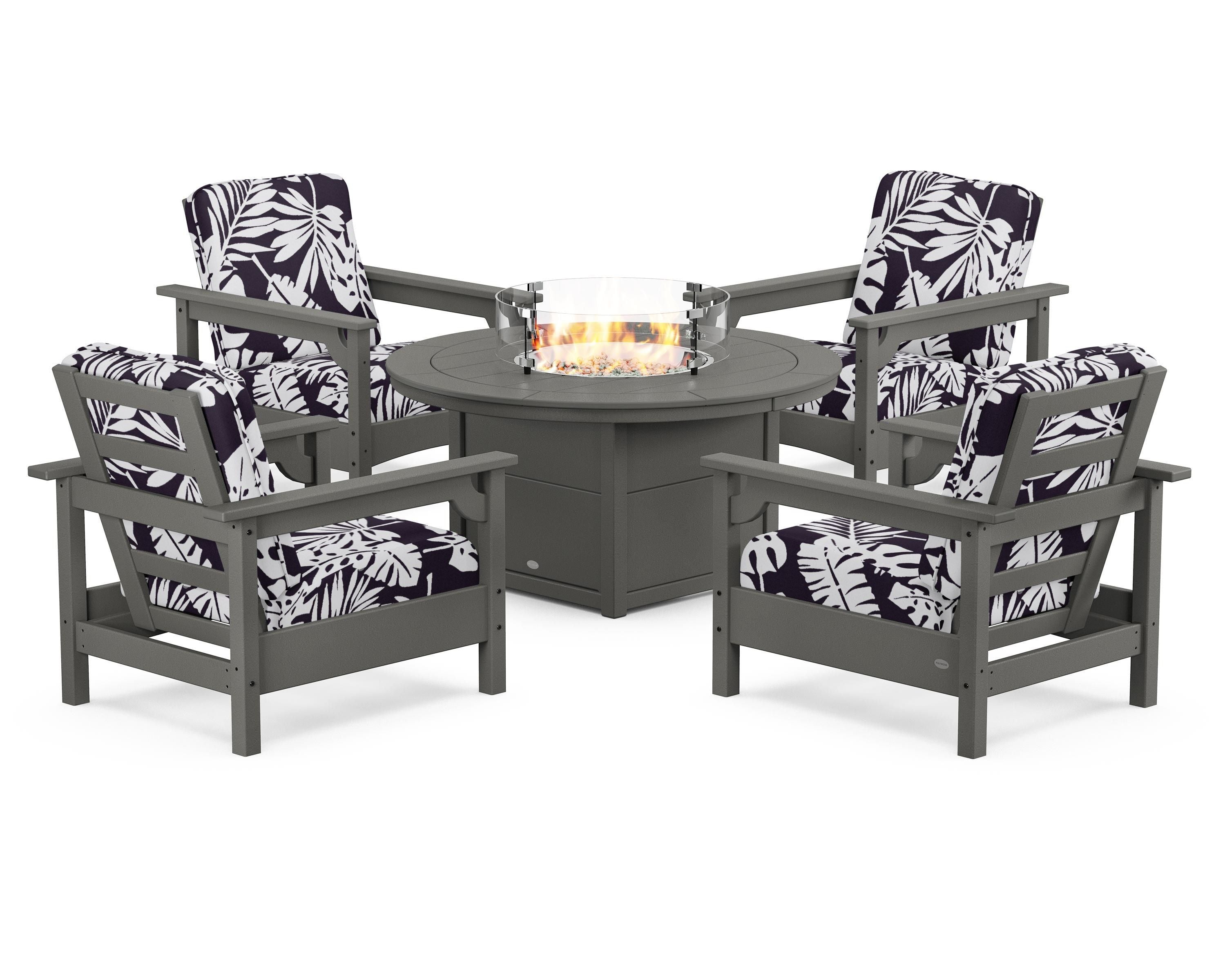 POLYWOOD® Club 5-Piece Conversation Set with Fire Pit Table in Slate Grey / Leaf Navy