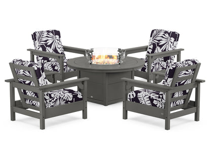 POLYWOOD® Club 5-Piece Conversation Set with Fire Pit Table in Slate Grey / Leaf Navy