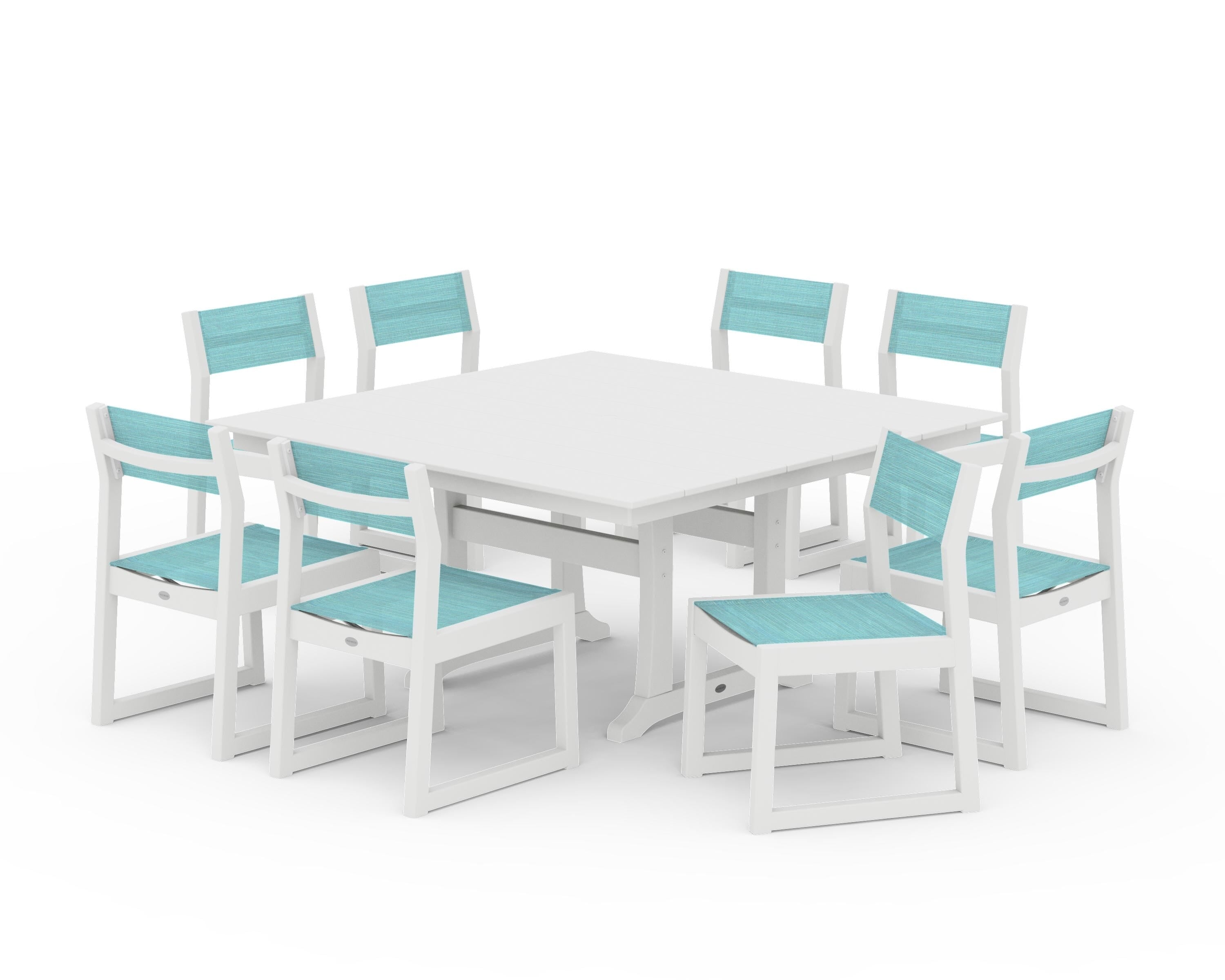 POLYWOOD® EDGE Sling Side Chair 9-Piece Farmhouse Trestle Dining Set in White / Dupioni Aquamarine Sling