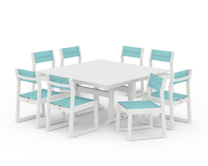 POLYWOOD® EDGE Sling Side Chair 9-Piece Farmhouse Trestle Dining Set in White / Dupioni Aquamarine Sling