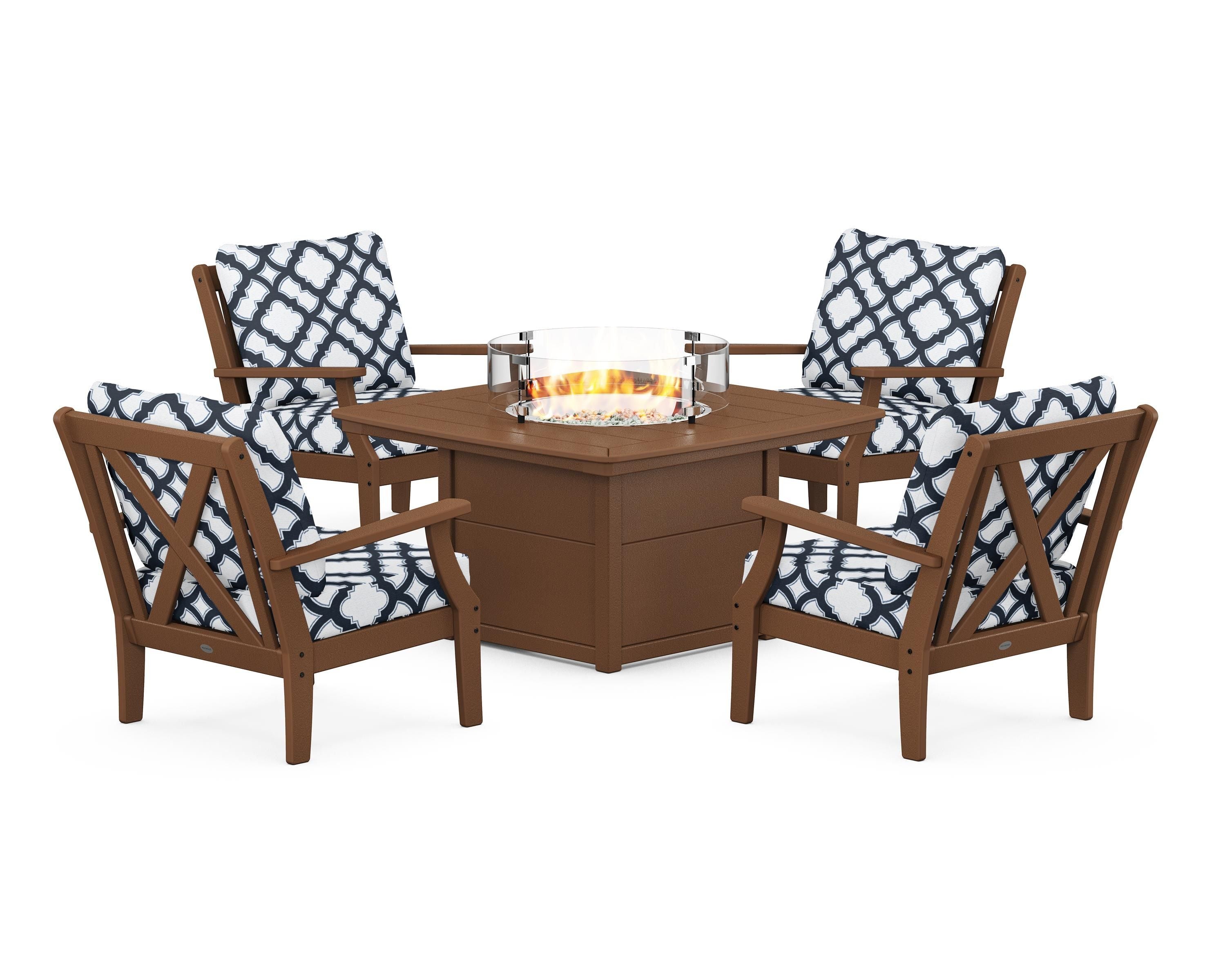 POLYWOOD® Braxton 5-Piece Deep Seating Conversation Set with Fire Pit Table in Teak / Trellis Marine Indigo