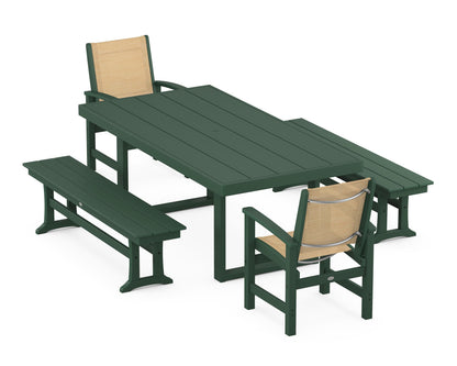 POLYWOOD® Coastal 5-Piece Dining Set with Trestle Legs in Green / Dupioni Apricot Sling