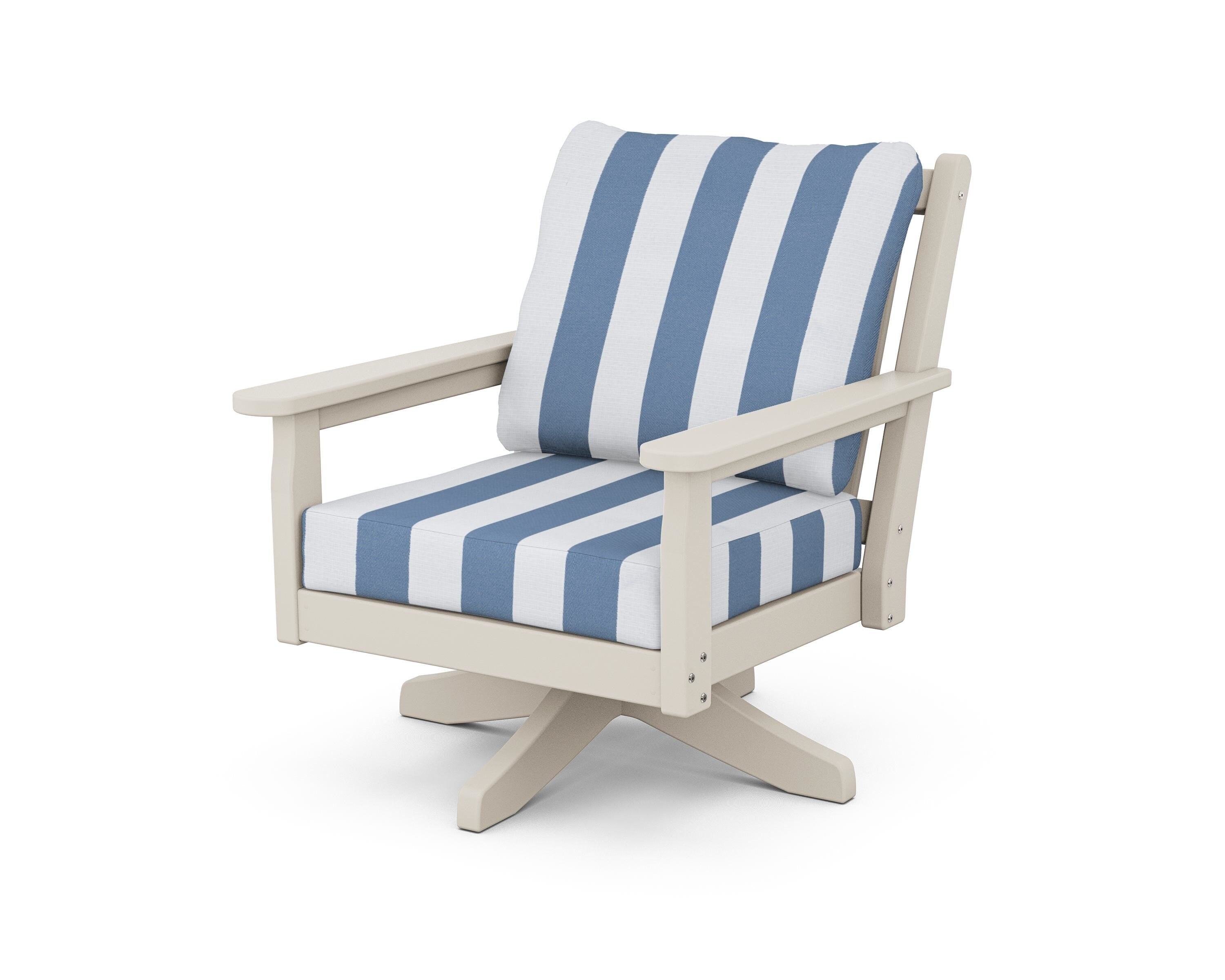 POLYWOOD® Chippendale Deep Seating Swivel Chair in Sand / Cabana Stripe Sky Blue