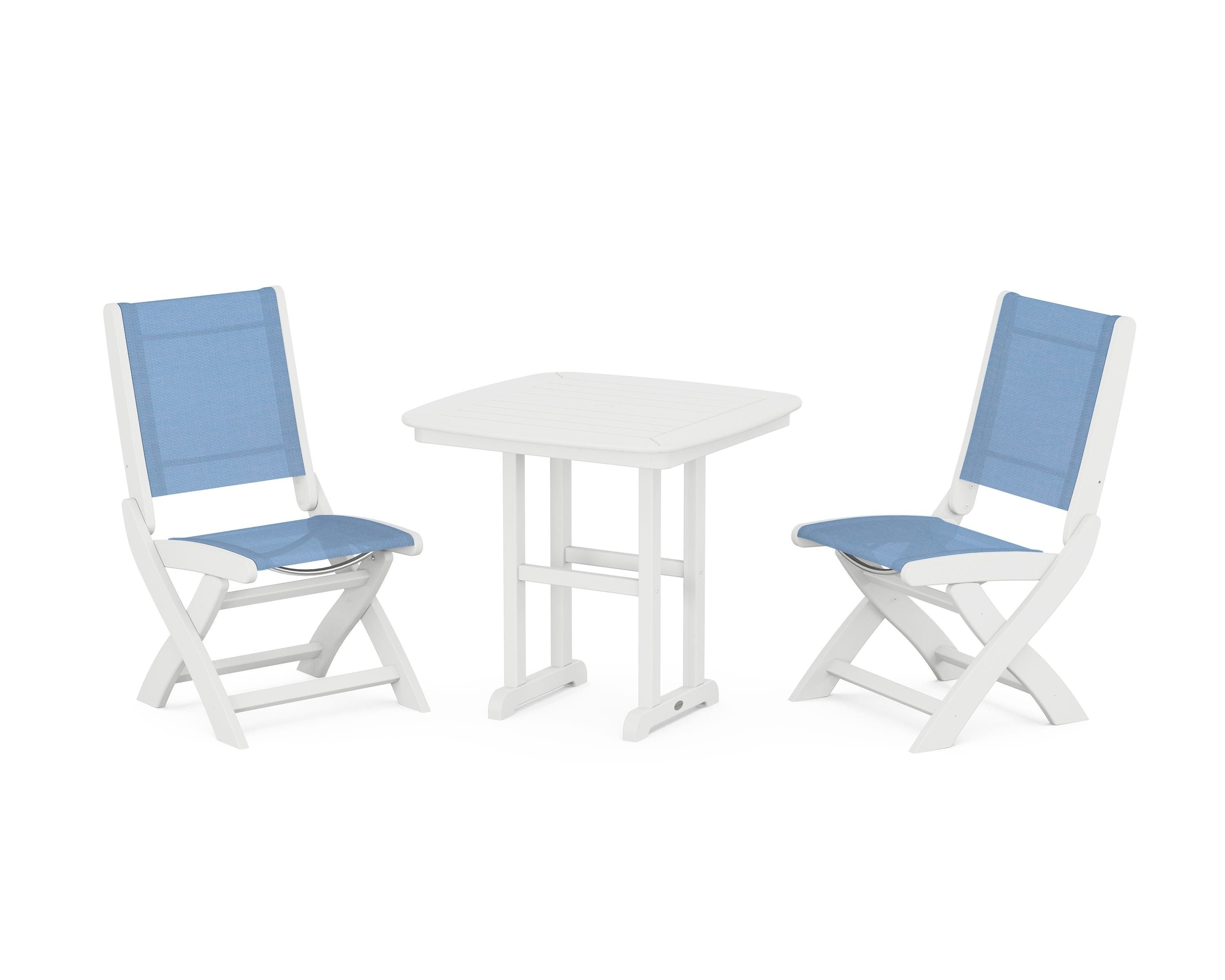 POLYWOOD® Coastal Folding Side Chair 3-Piece Dining Set in White / Poolside Sling