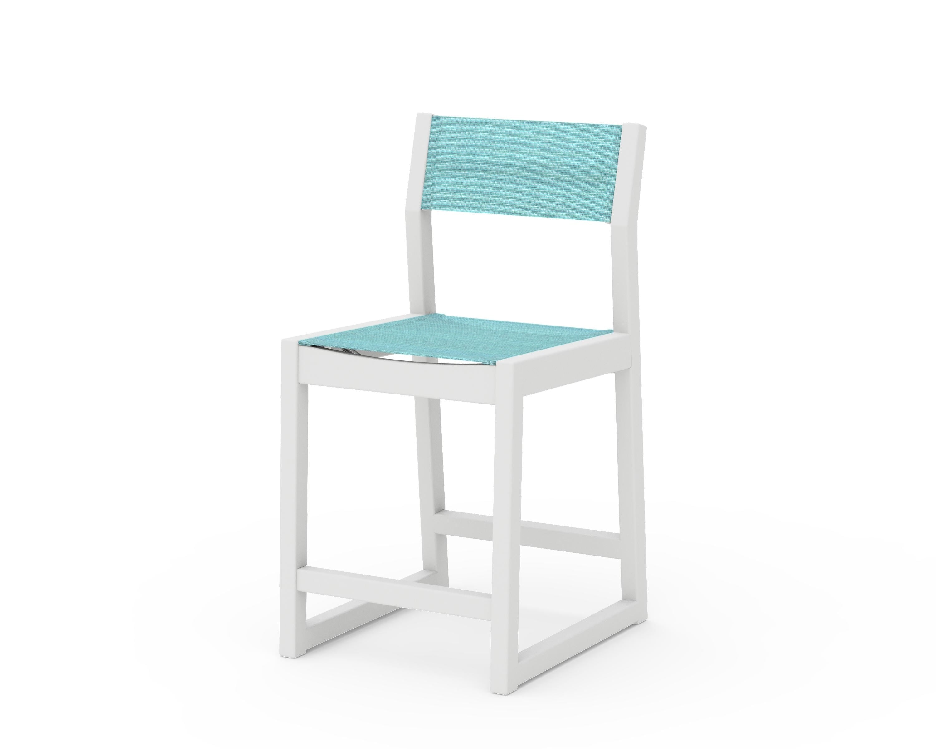 POLYWOOD® EDGE Sling Counter Side Chair in White / Dupioni Aquamarine Sling