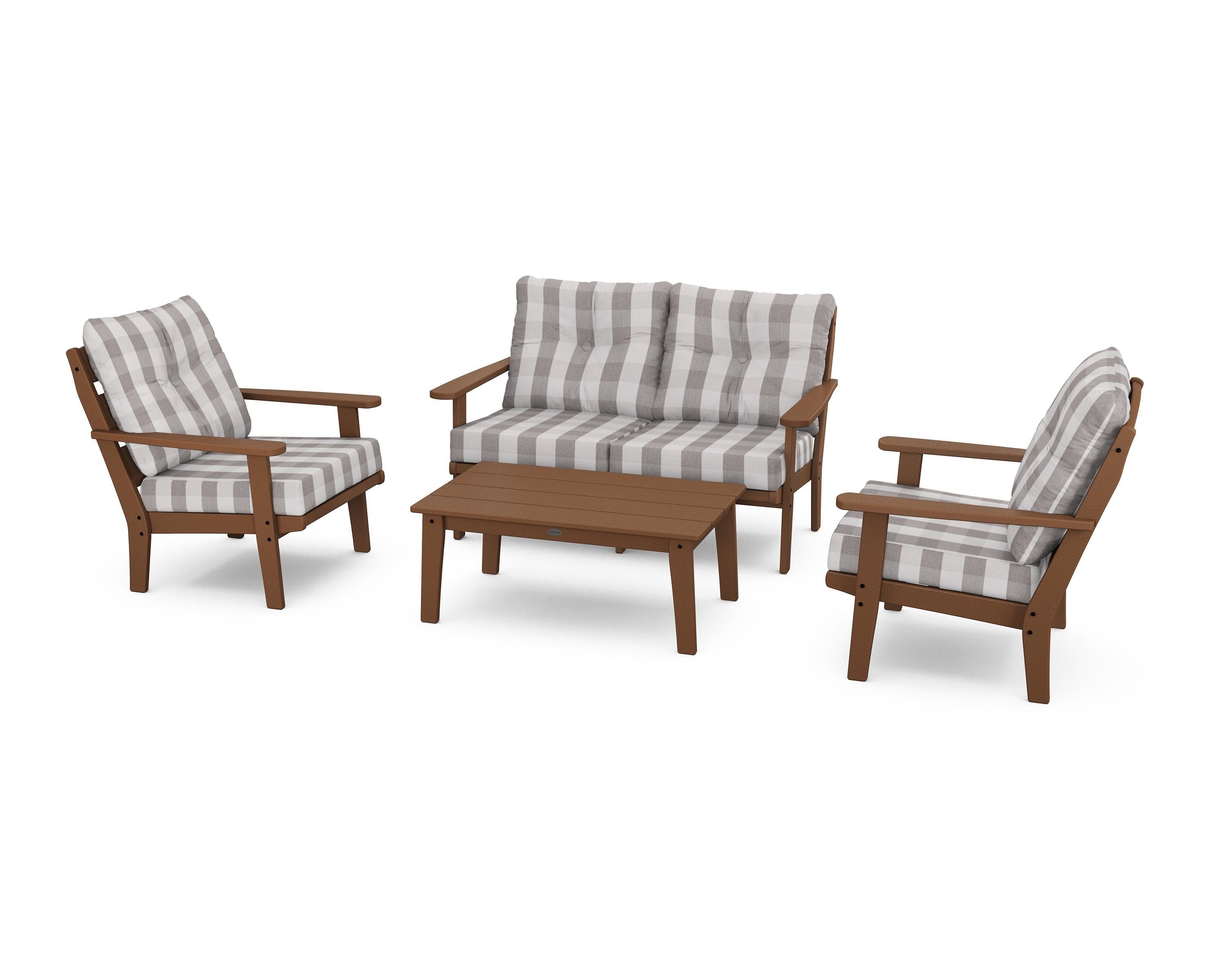 POLYWOOD® Lakeside 4-Piece Deep Seating Set in Teak / Buffalo Plaid Grey Mist