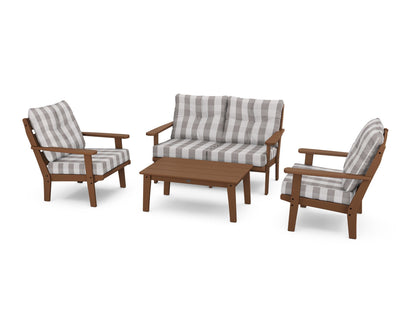 POLYWOOD® Lakeside 4-Piece Deep Seating Set in Teak / Buffalo Plaid Grey Mist