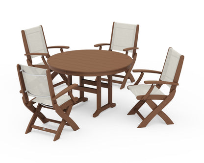 POLYWOOD® Coastal Folding Chair 5-Piece Round Dining Set in Teak / Parchment Sling