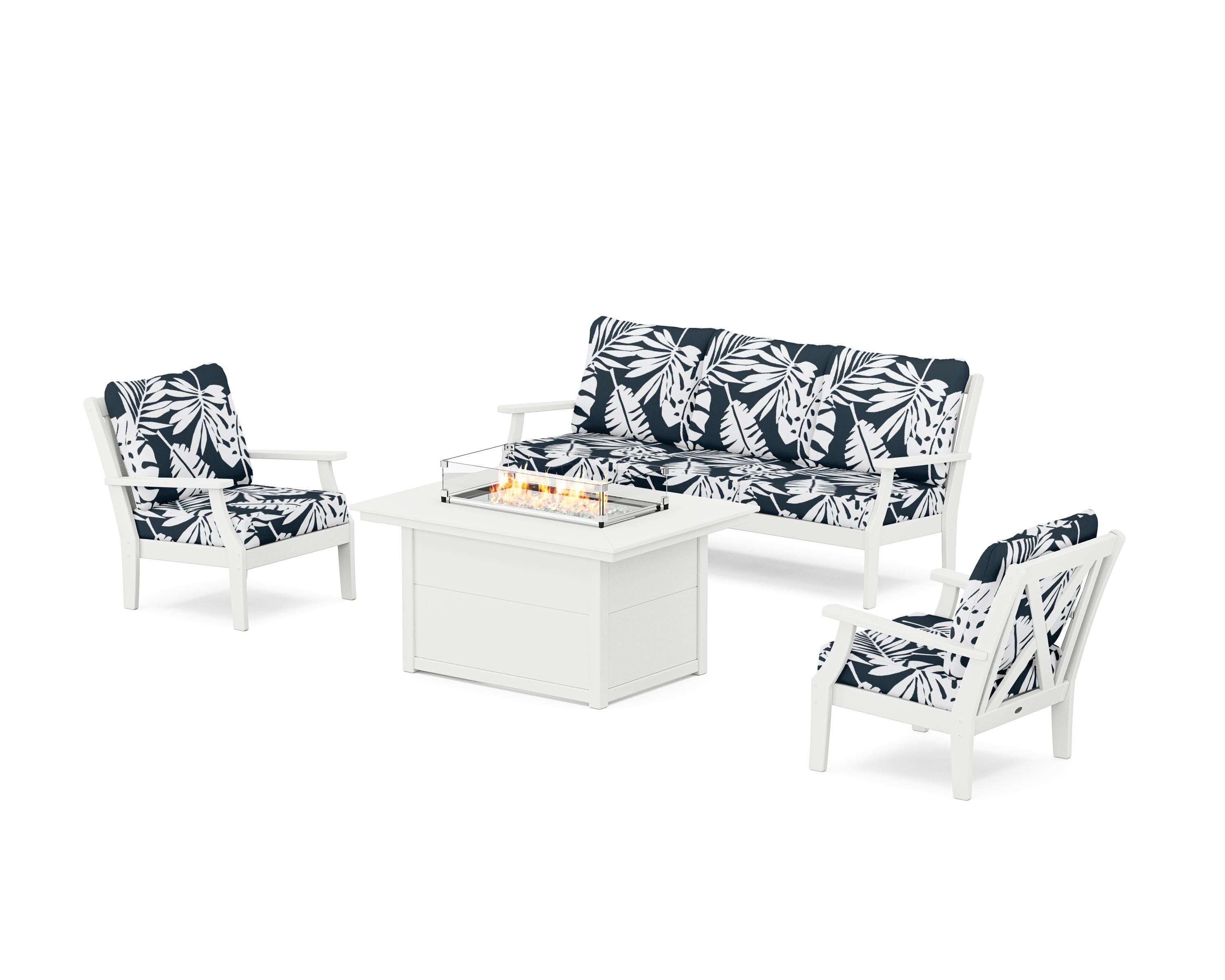 POLYWOOD® Braxton Deep Seating Fire Pit Table Set in White / Leaf Marine Indigo