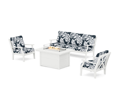 POLYWOOD® Braxton Deep Seating Fire Pit Table Set in White / Leaf Marine Indigo