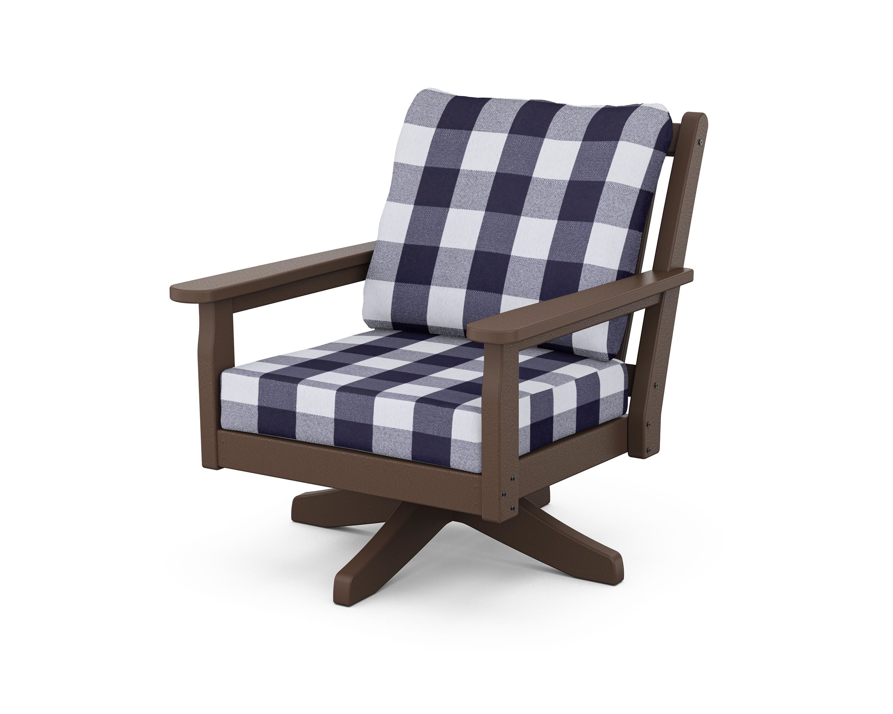 POLYWOOD® Chippendale Deep Seating Swivel Chair in Mahogany / Buffalo Plaid Navy